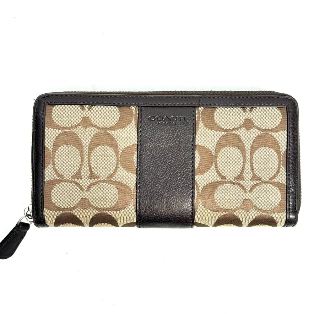 COACH Brown Accordion Signature Canvas Large Zip Wallet